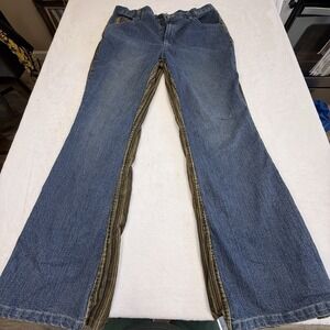 Vezugo Jeans Women's 14 Blue‎ Denim Brown Stripe Wide Leg Y2K Boho 96% Cotton